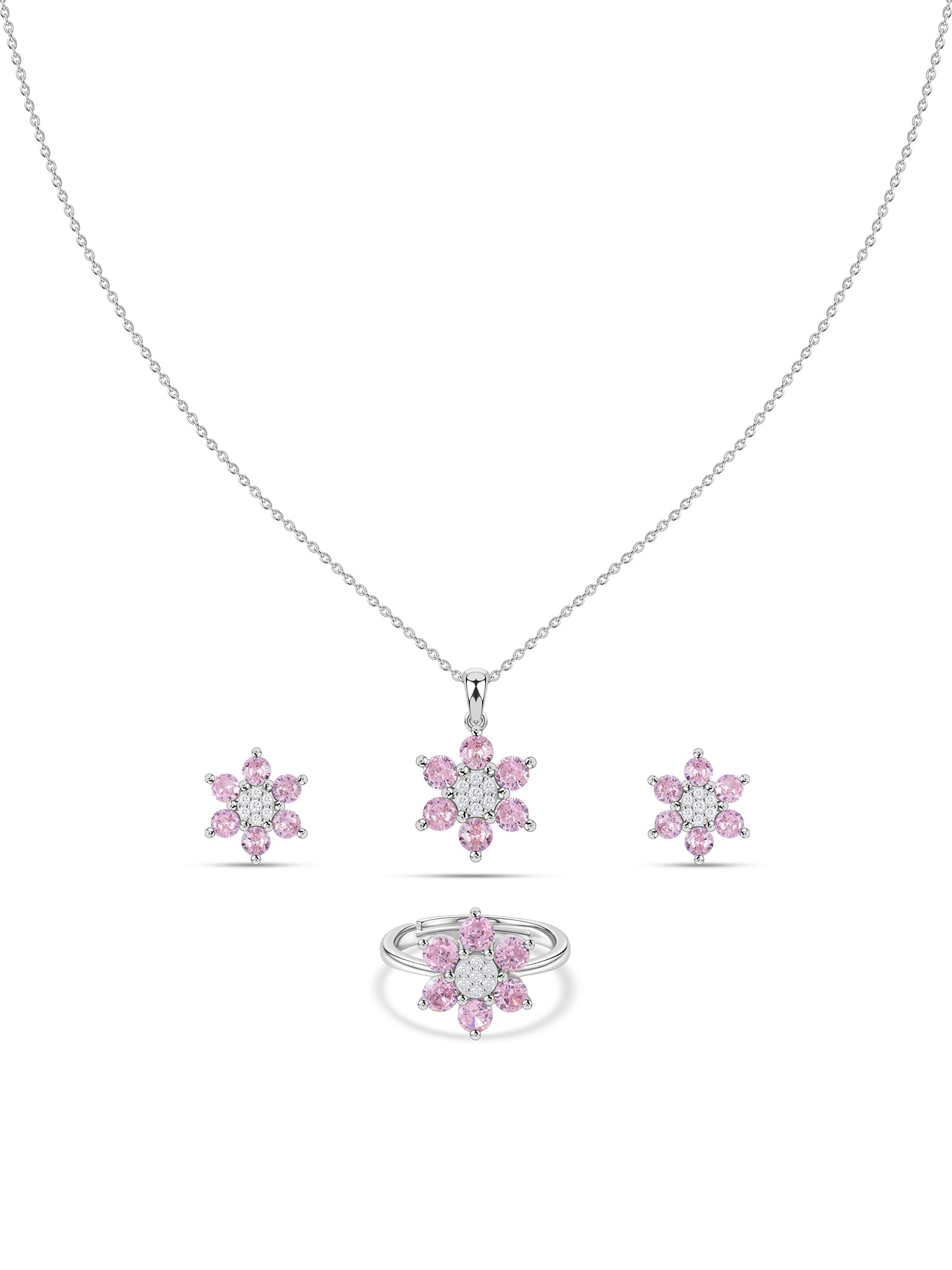 Flower Cluster Pink CZ Silver Jewellery Set