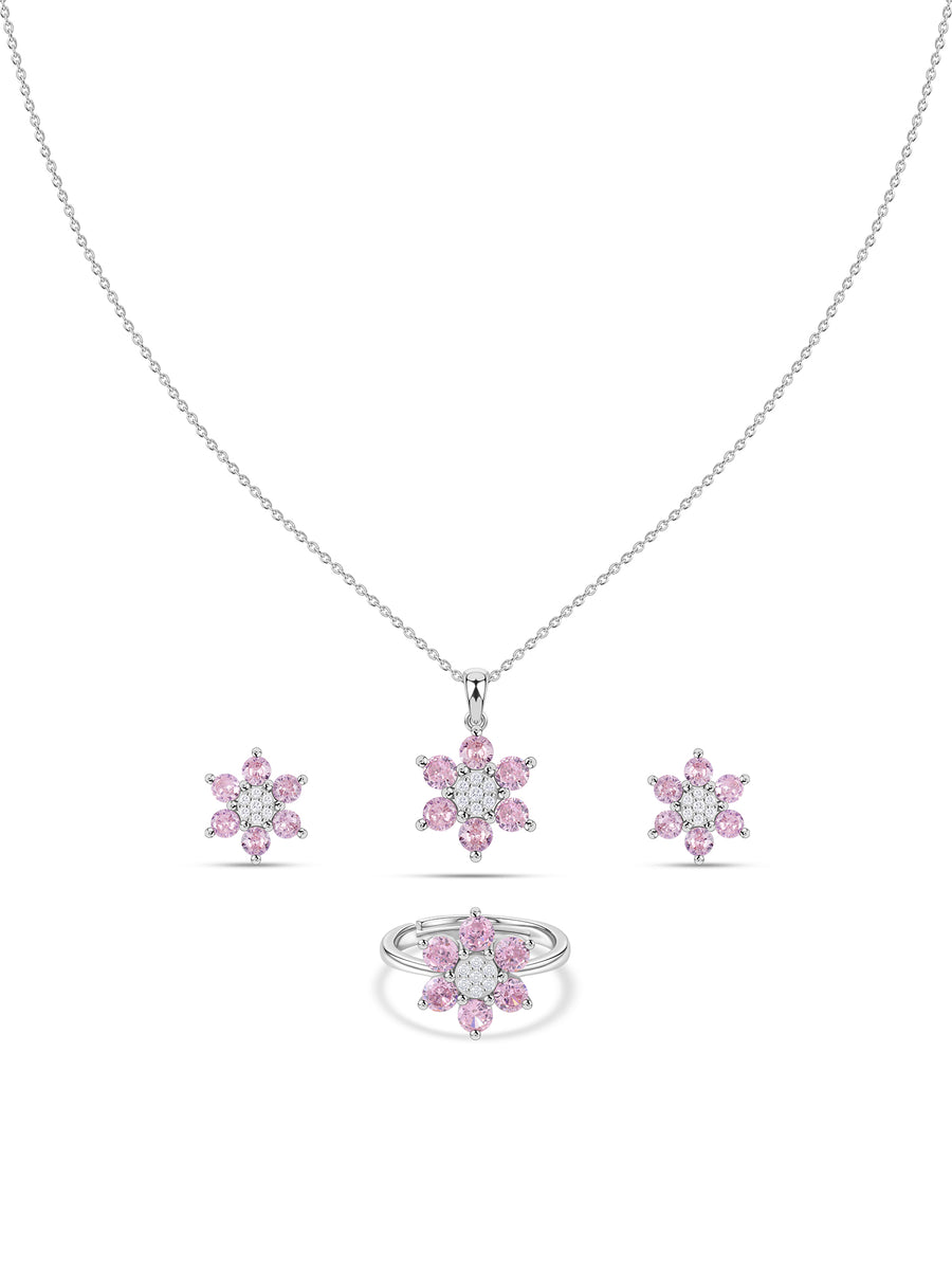 Flower Cluster Pink CZ Silver Jewellery Set