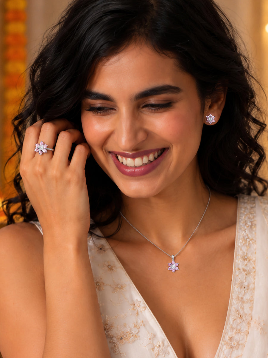 Flower Cluster Pink CZ Silver Jewellery Set