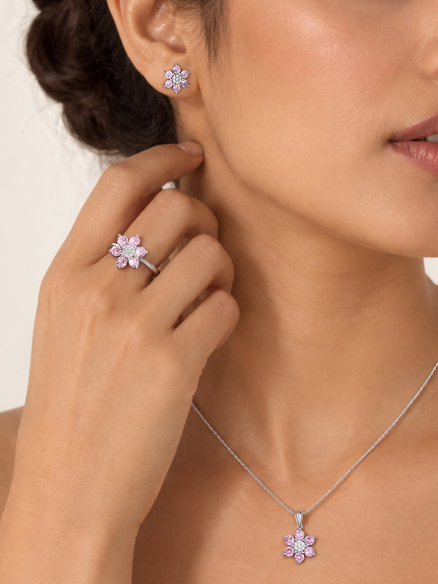 Flower Cluster Pink CZ Silver Jewellery Set