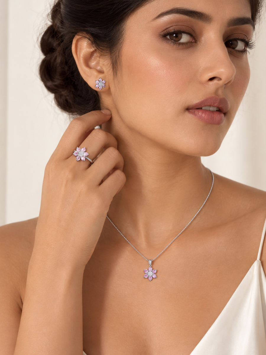 Flower Cluster Pink CZ Silver Jewellery Set