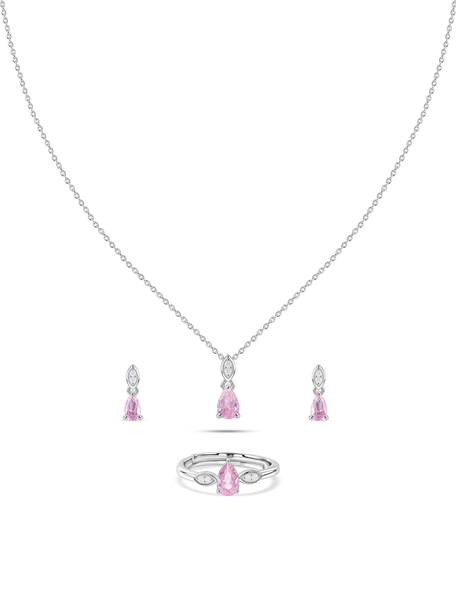 Pear Drop Pink CZ Stone Silver Jewellery Set