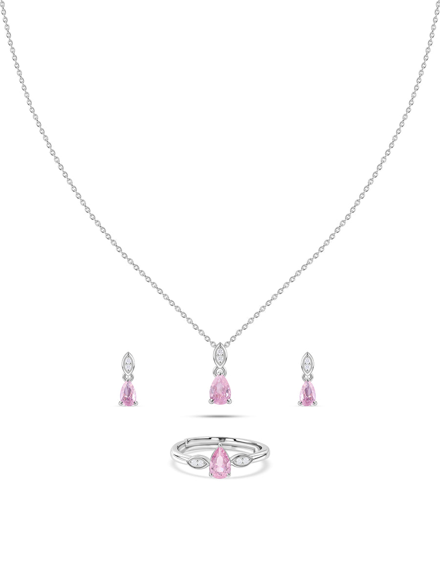 Pear Drop Pink CZ Stone Silver Jewellery Set