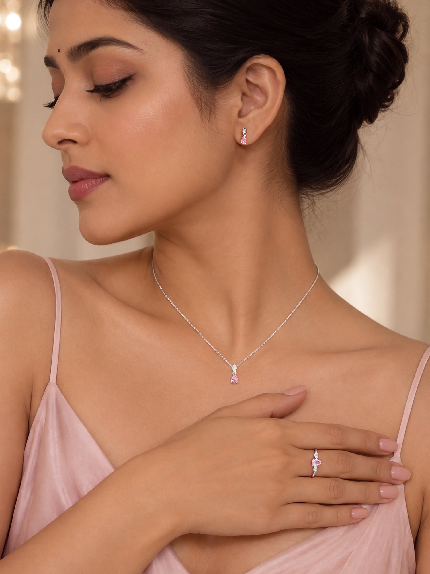 Pear Drop Pink CZ Stone Silver Jewellery Set