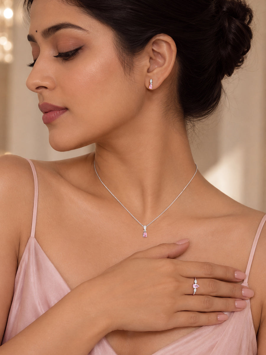 Pear Drop Pink CZ Stone Silver Jewellery Set