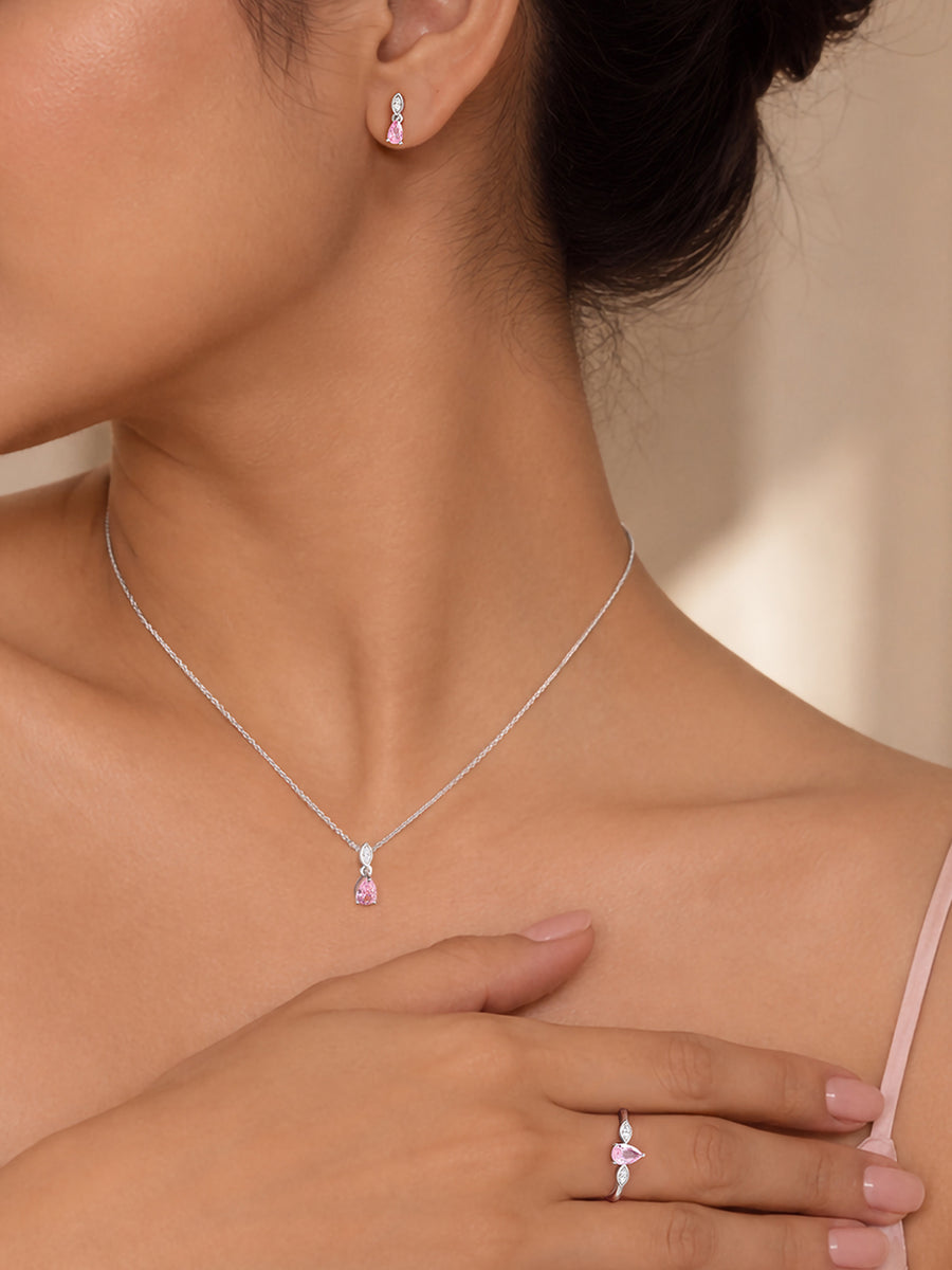 Pear Drop Pink CZ Stone Silver Jewellery Set