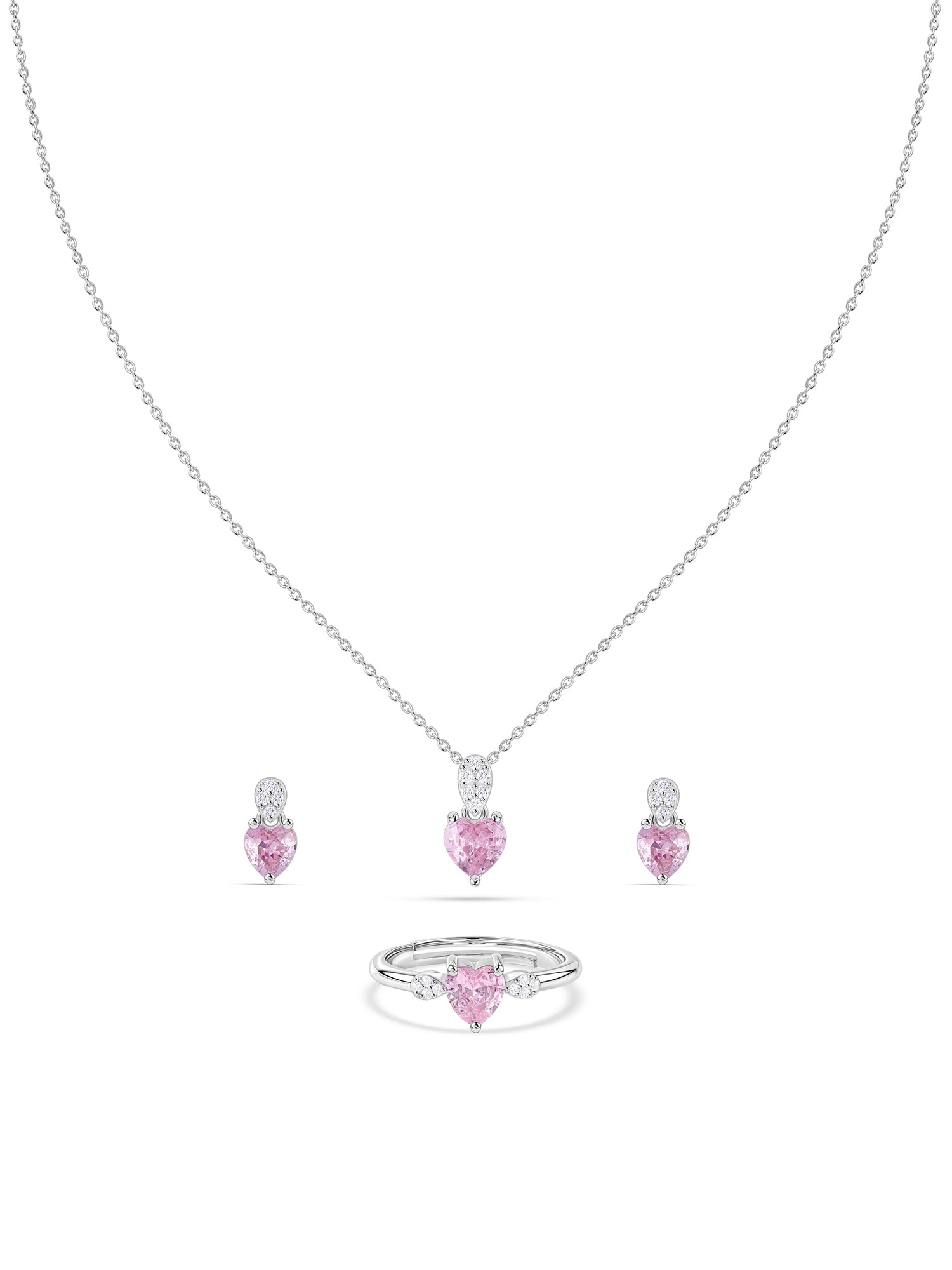 Pink CZ Heart Silver Solitaire Jewellery Set