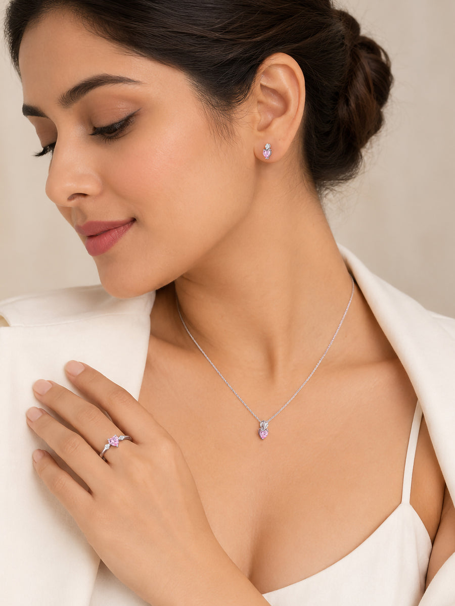 Pink CZ Heart Silver Solitaire Jewellery Set