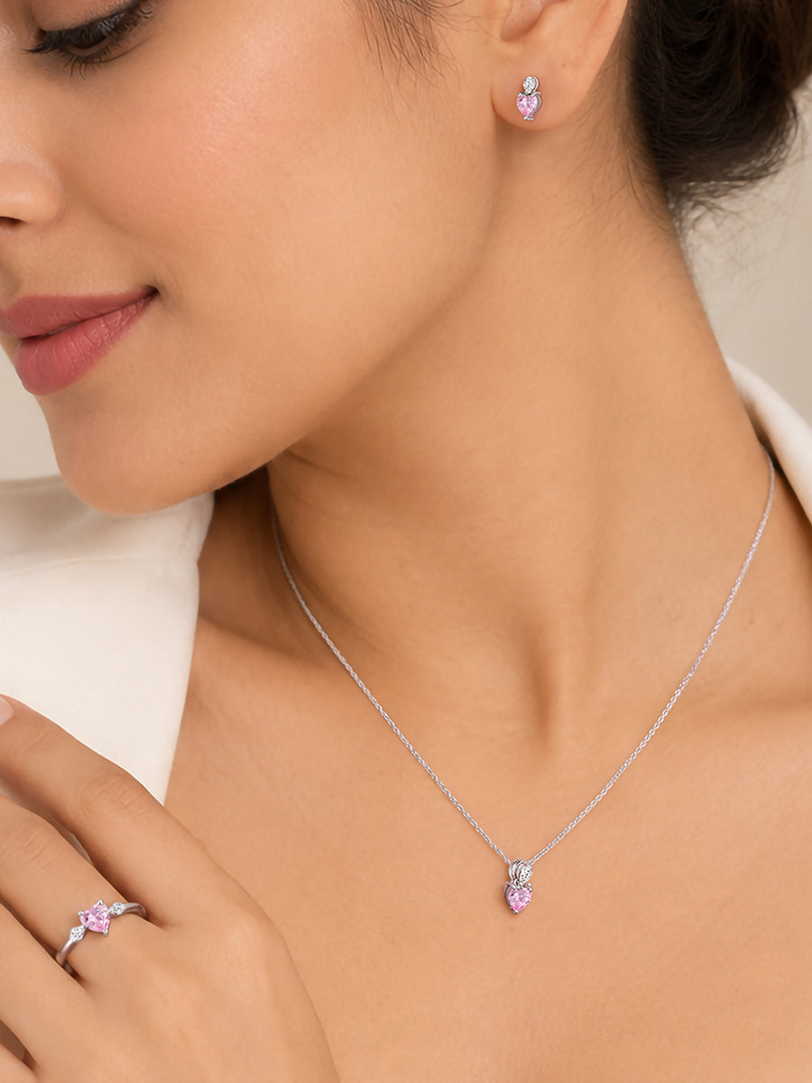 Pink CZ Heart Silver Solitaire Jewellery Set