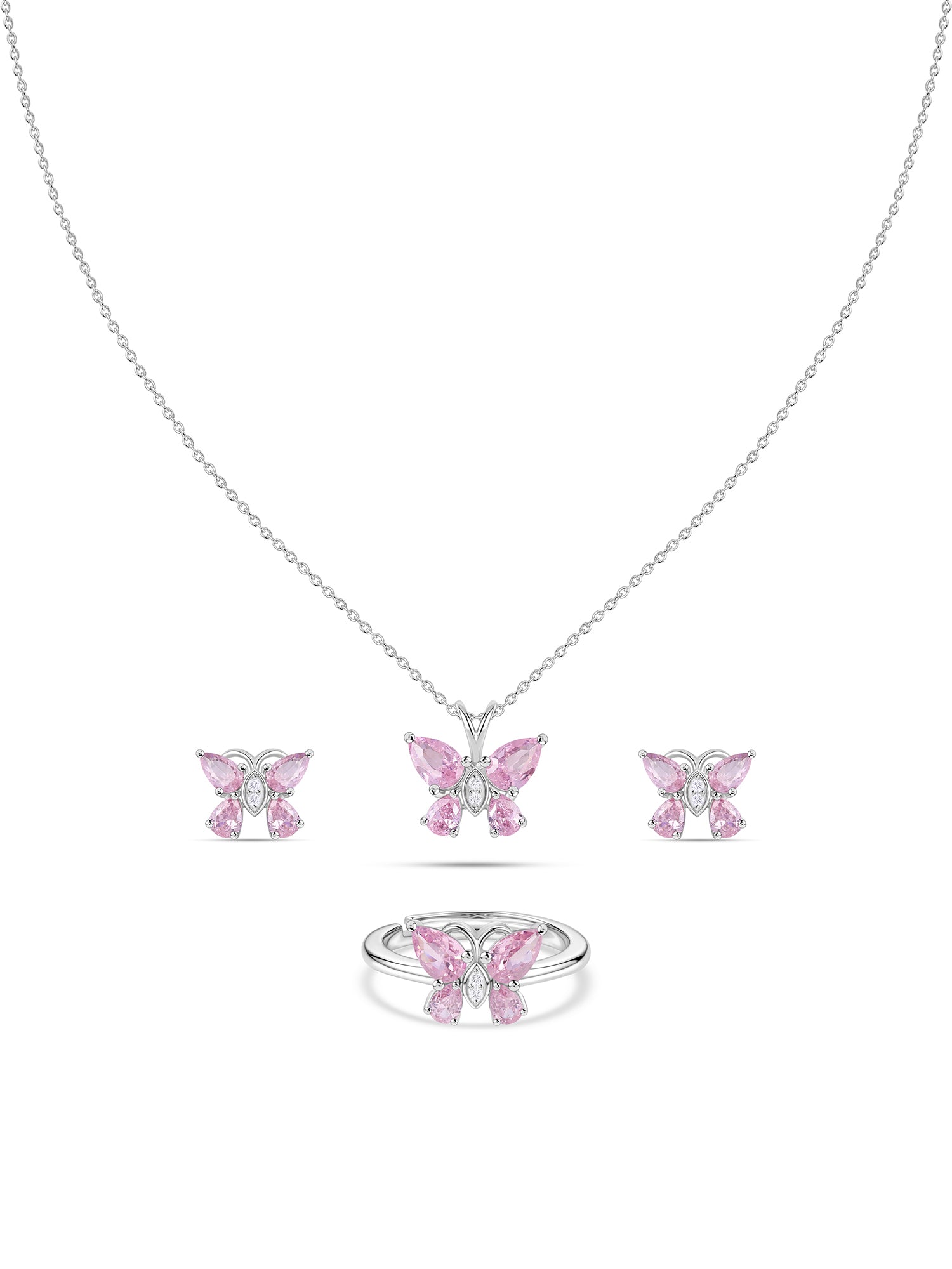 Butterfly Pink CZ Stone Silver Jewellery Set