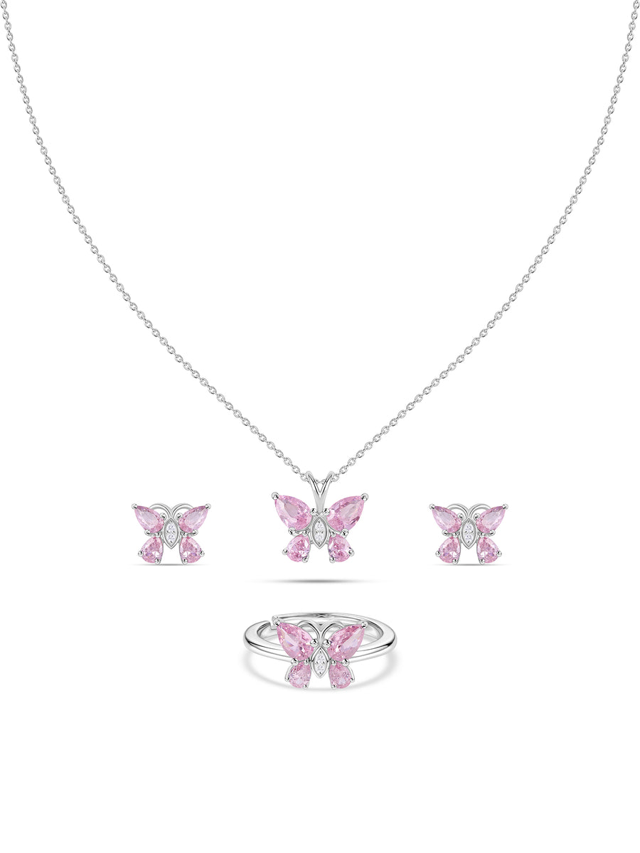 Butterfly Pink CZ Stone Silver Jewellery Set
