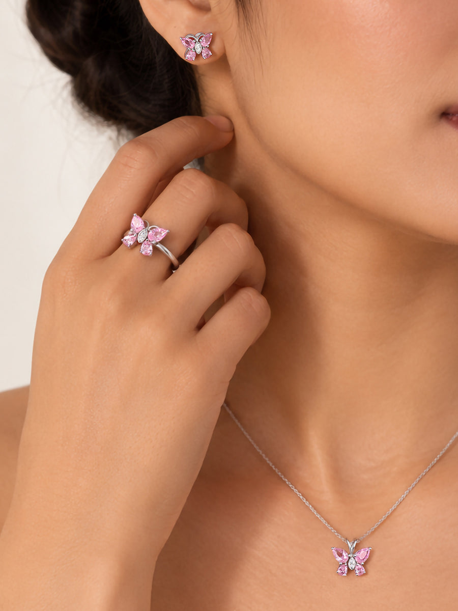 Butterfly Pink CZ Stone Silver Necklace for Women