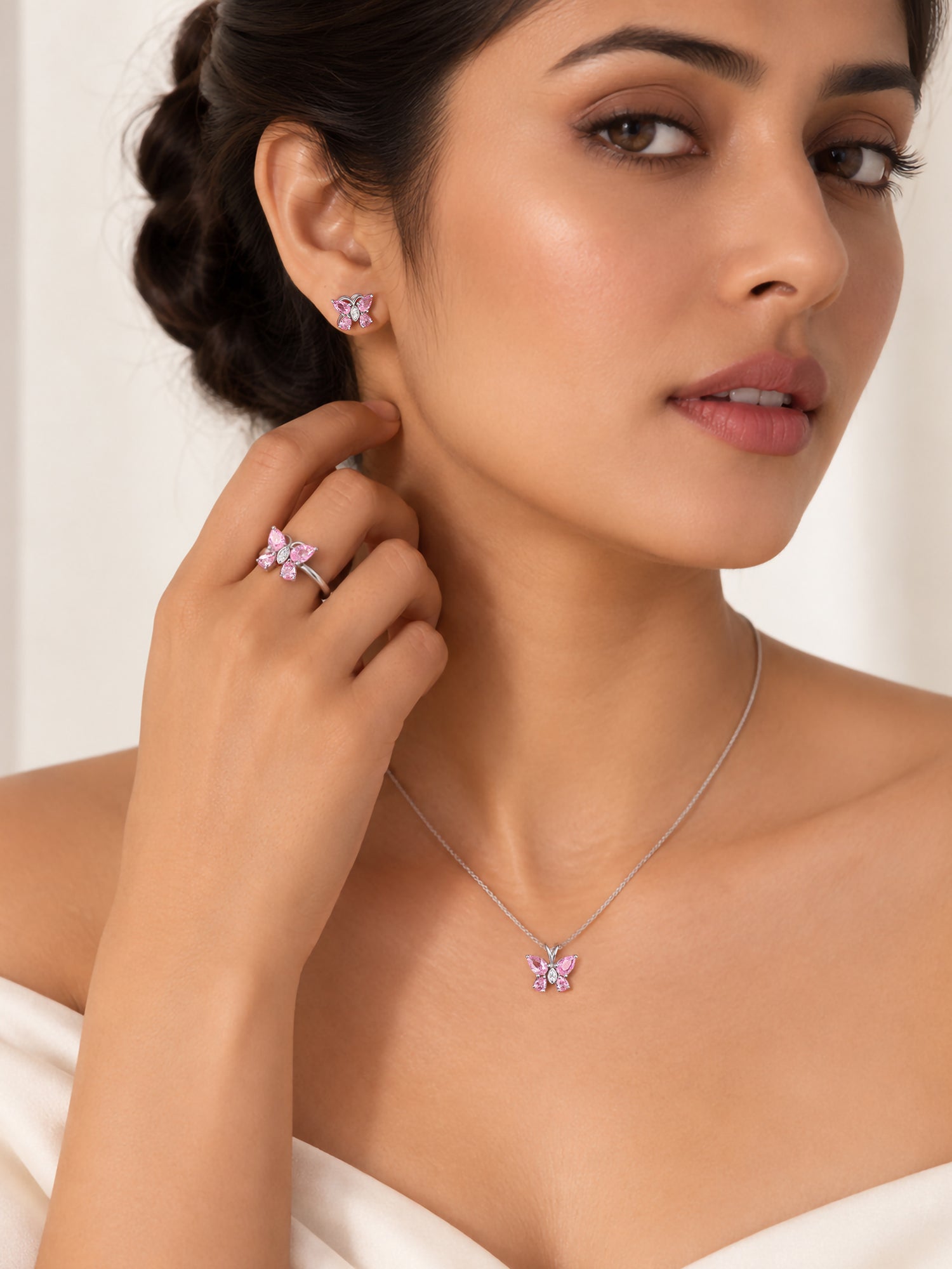 Butterfly Pink CZ Stone Silver Jewellery Set