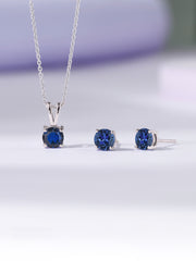 Ornate Jewels Blue Sapphire Solitaire Necklace With Earrings