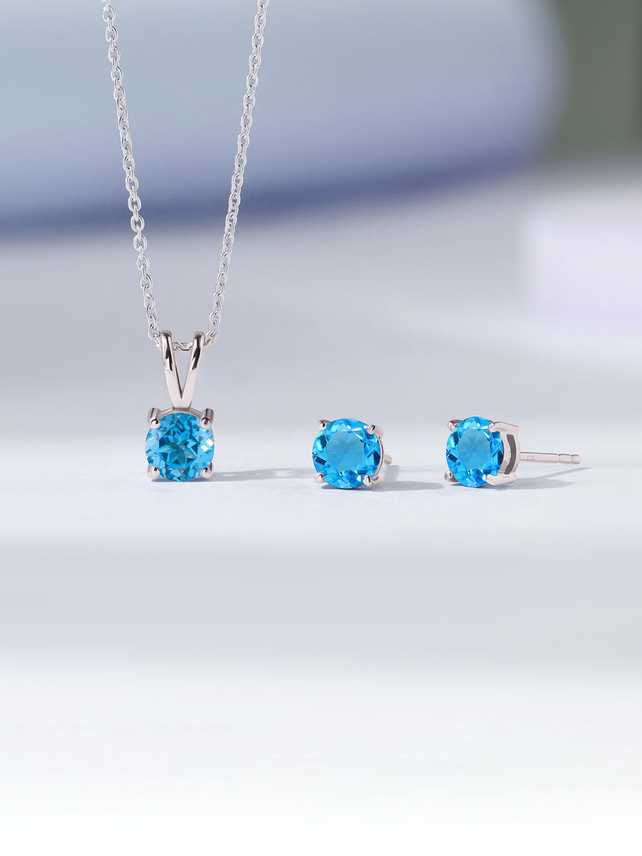 Ornate Jewels Swiss Blue Solitaire Necklace With Earrings