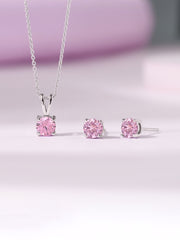 Ornate Jewels Pink Solitaire Necklace With Earrings