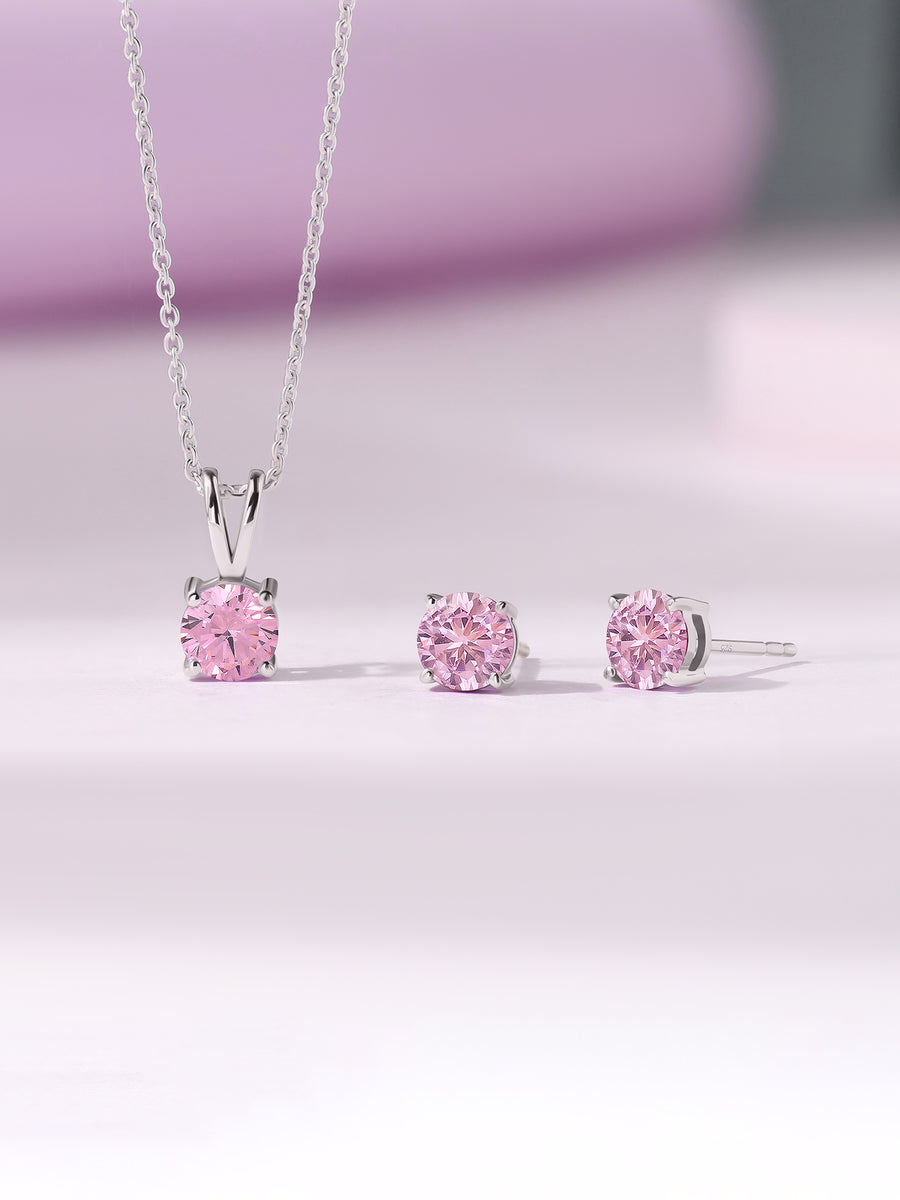 Ornate Jewels Pink Solitaire Necklace With Earrings