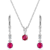 Ruby CZ Solitaire Necklace With Long Earrings Set In Pure Silver