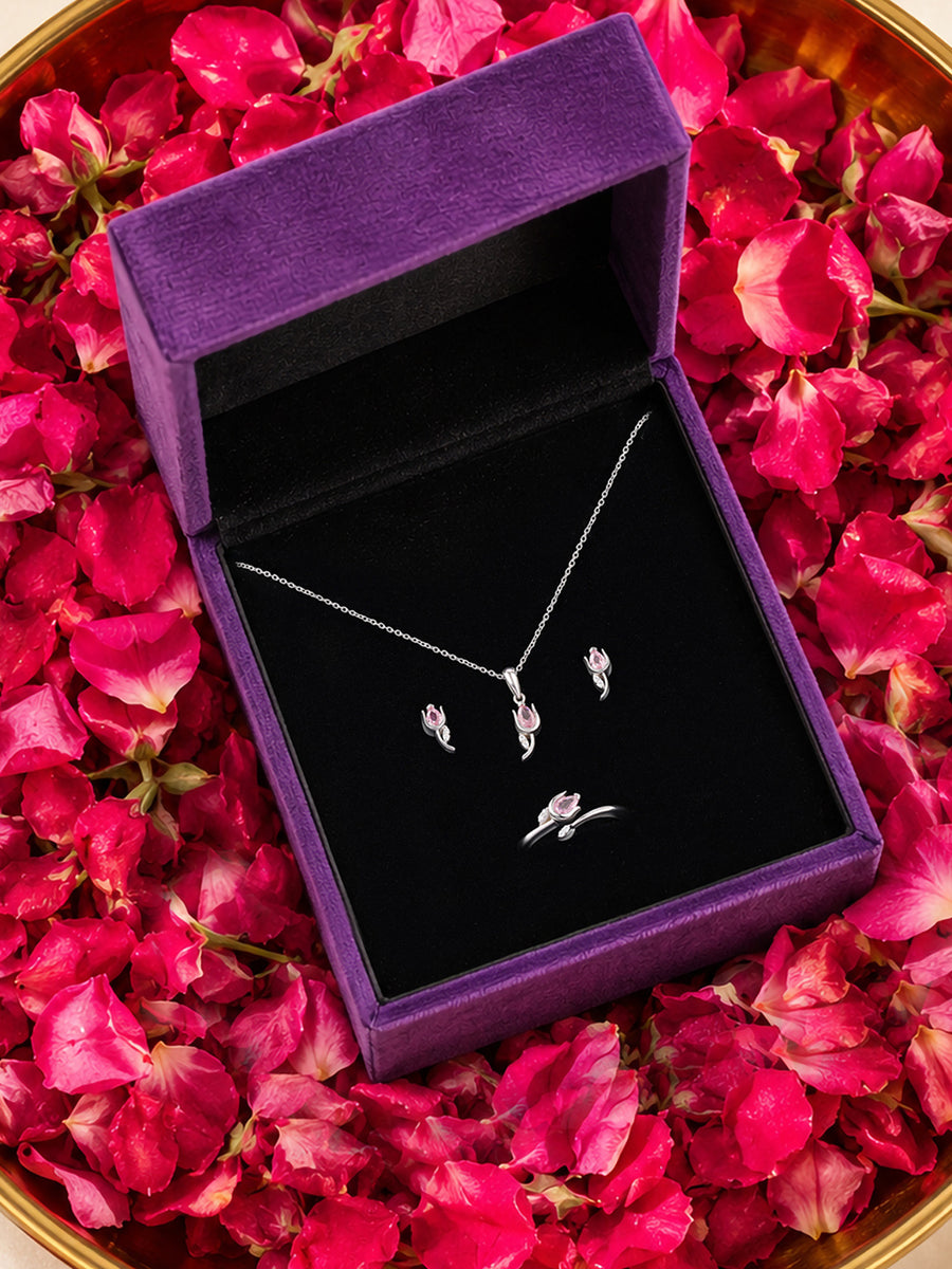 Tulip Pink CZ Stone Silver Jewellery Set