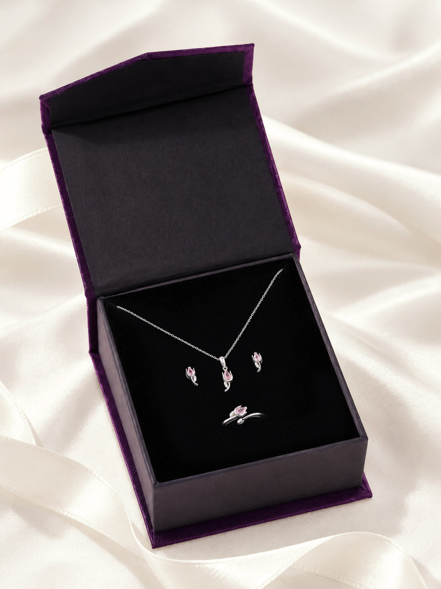 Tulip Pink CZ Stone Silver Jewellery Set