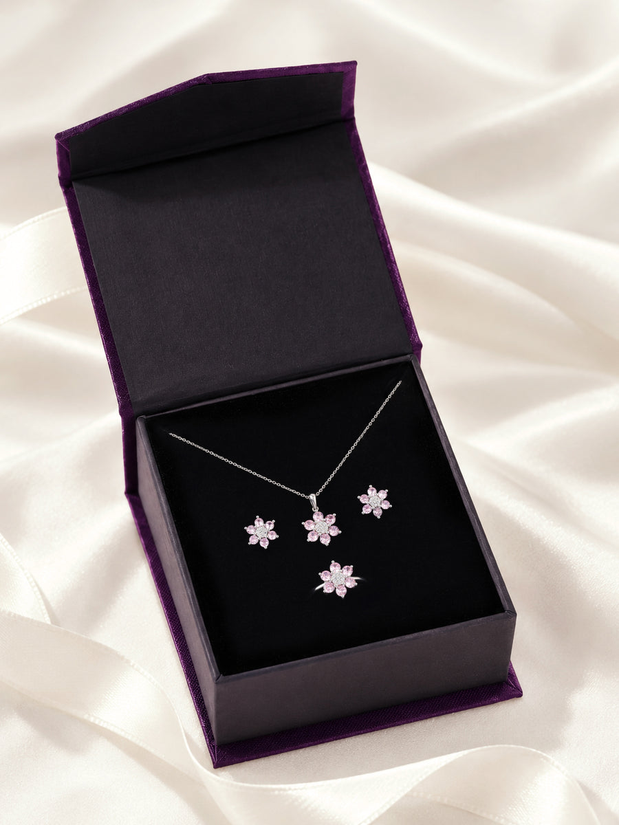 Flower Cluster Pink CZ Silver Jewellery Set