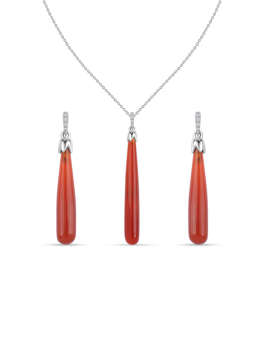 Natural Red Onyx & White Zircon Silver Jewellery Set