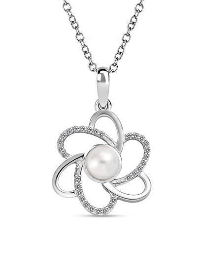 Flower Pearl Silver Necklace with Silver chain
