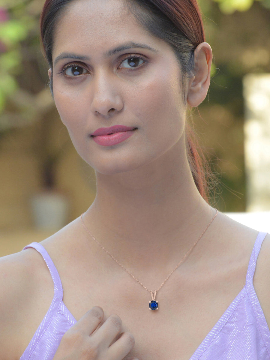 1 Carat Rose Gold Blue Sapphire Pendant With Chain For Women