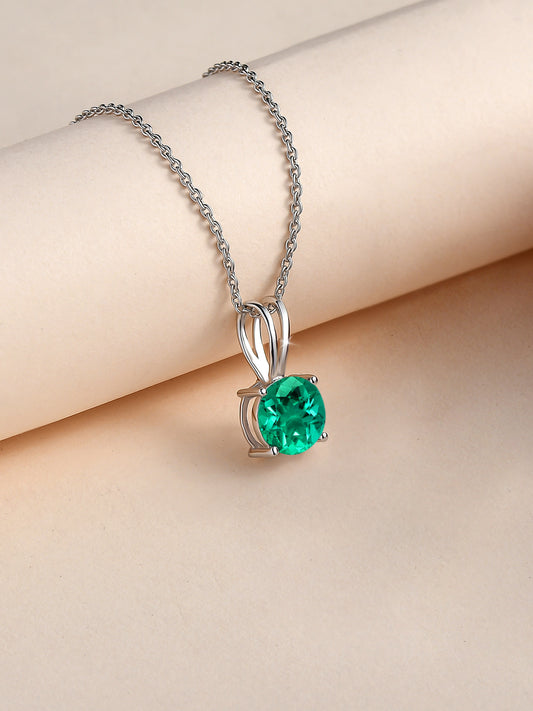 1 Carat Solitaire Emerald Pendant Necklace In Pure Silver