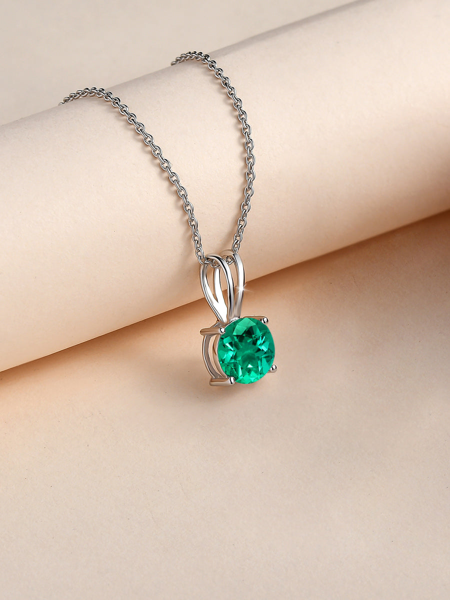 1 Carat Solitaire Emerald Pendant Necklace In Pure Silver