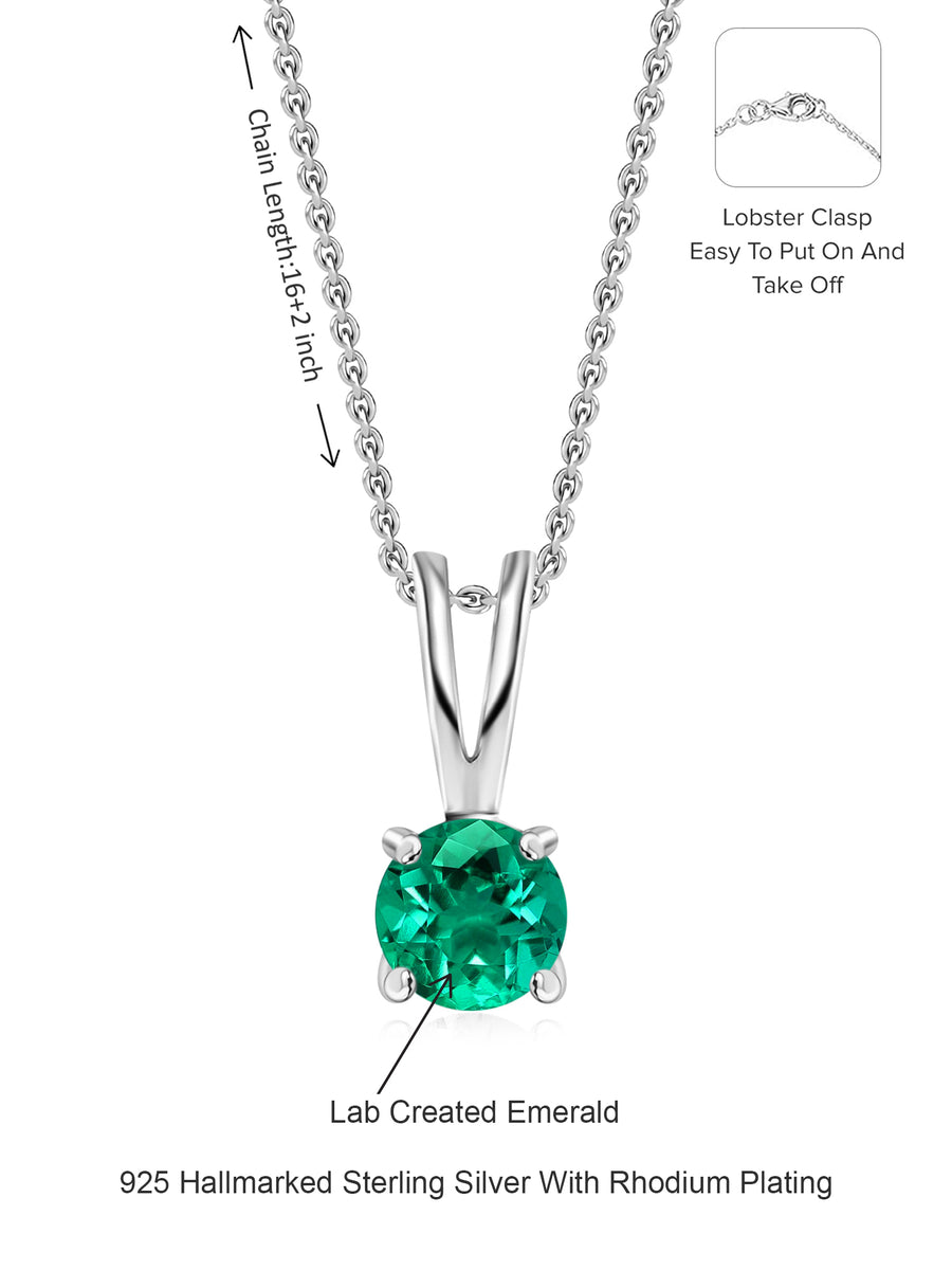 1 Carat Solitaire Emerald Pendant Necklace In Pure Silver
