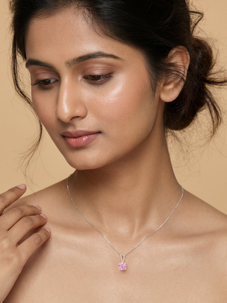 1 Carat Blush Glow Pink Stone Solitaire Silver Necklace