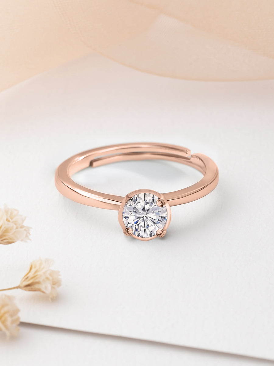 1 Carat Diamond Look Rose Gold Adjustable Solitaire Ring in Silver