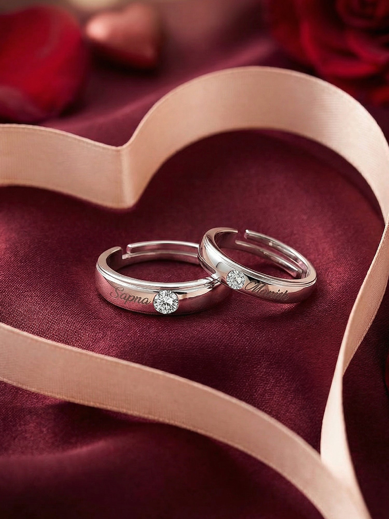 American Diamond Adjustable Silver Rings For Couple