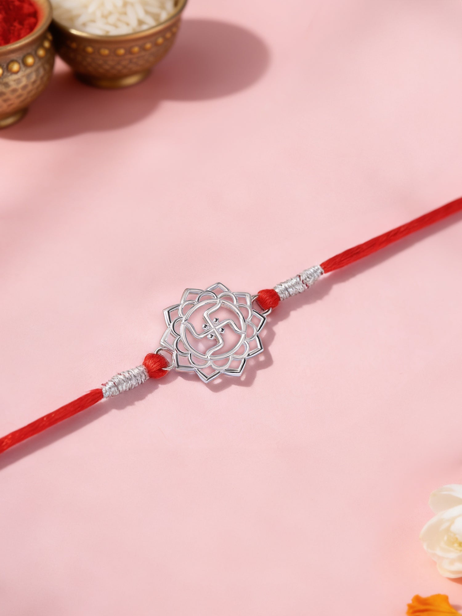 Floral Swastik Silver Rakhi for Brother in 925 Sterling Silver - Ornate Jewels