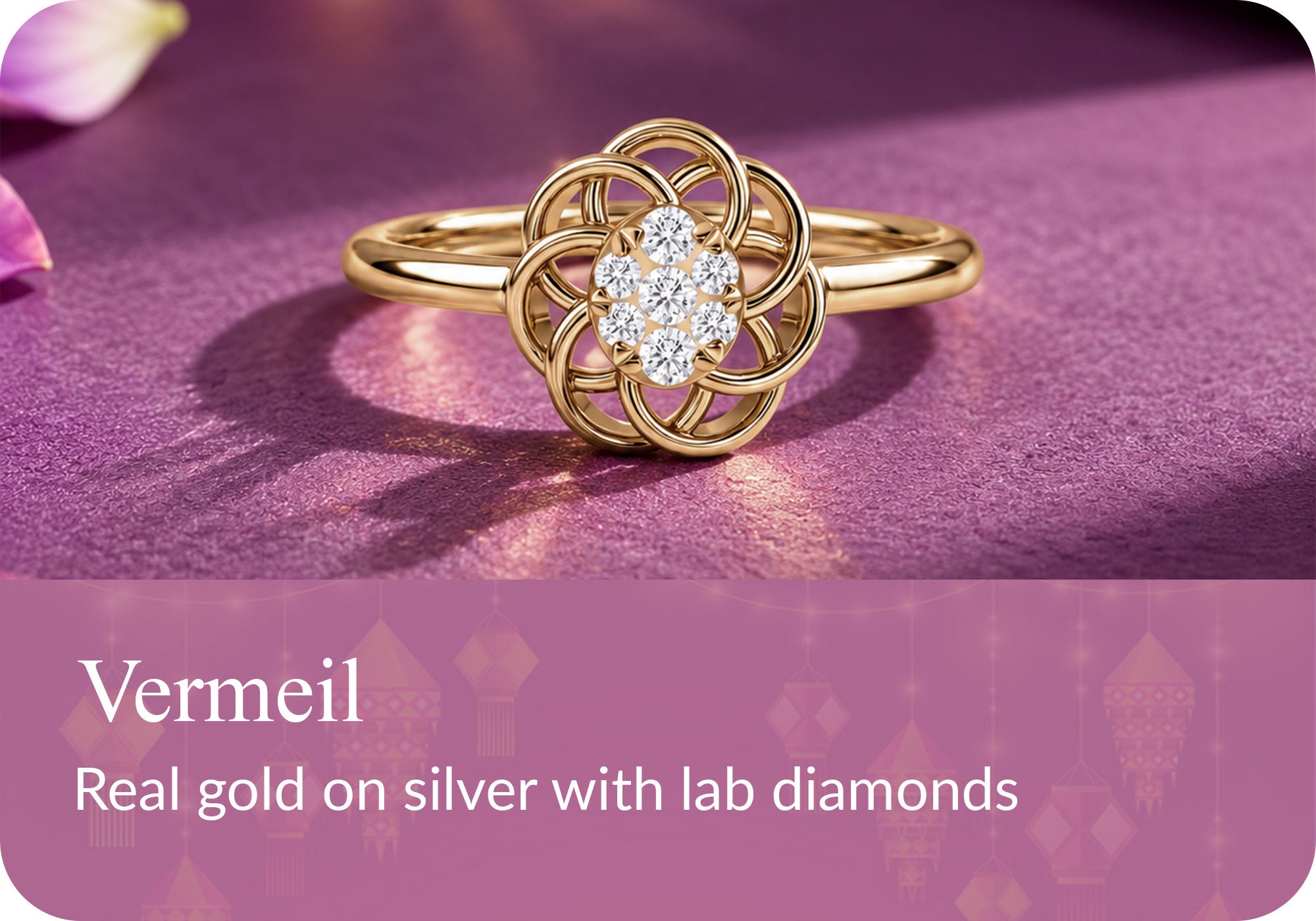 Gold Vermeil Jewelry - real gold on silver flower ring with lab grown diamonds, vermeil ring collection