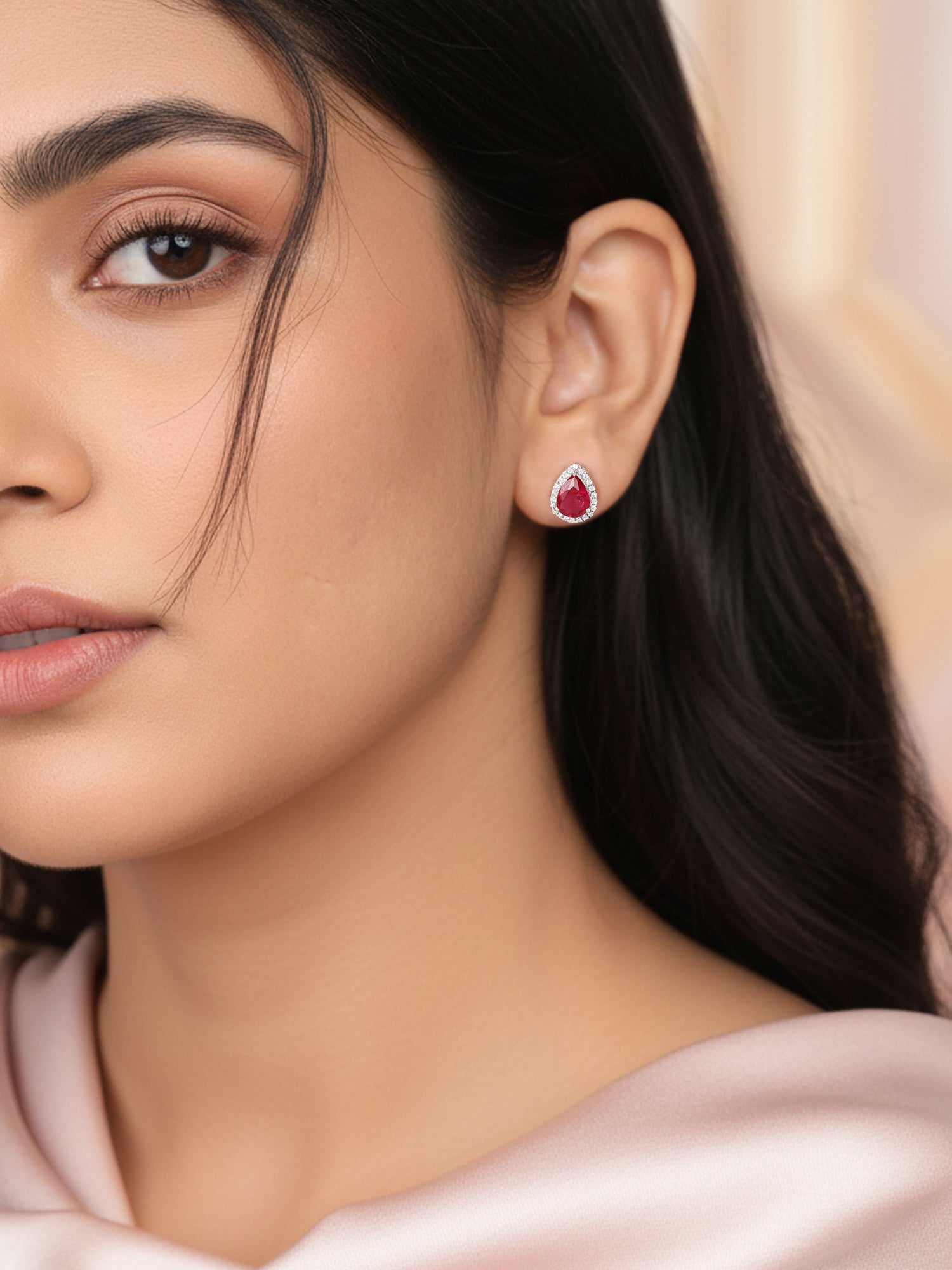 925 Sterling Silver Red Ruby Stud Earrings In Pear Shaped