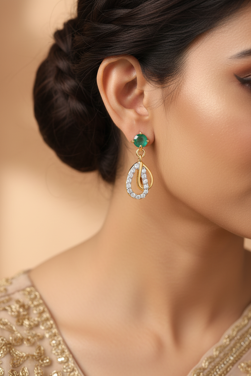 Natural Emerald Drop Earrings on Model