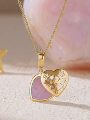 Natural Pink Opal Heart Moon Silver Pendant Necklace