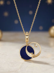 Natural Lapis Moon Star Motif Silver Pendant