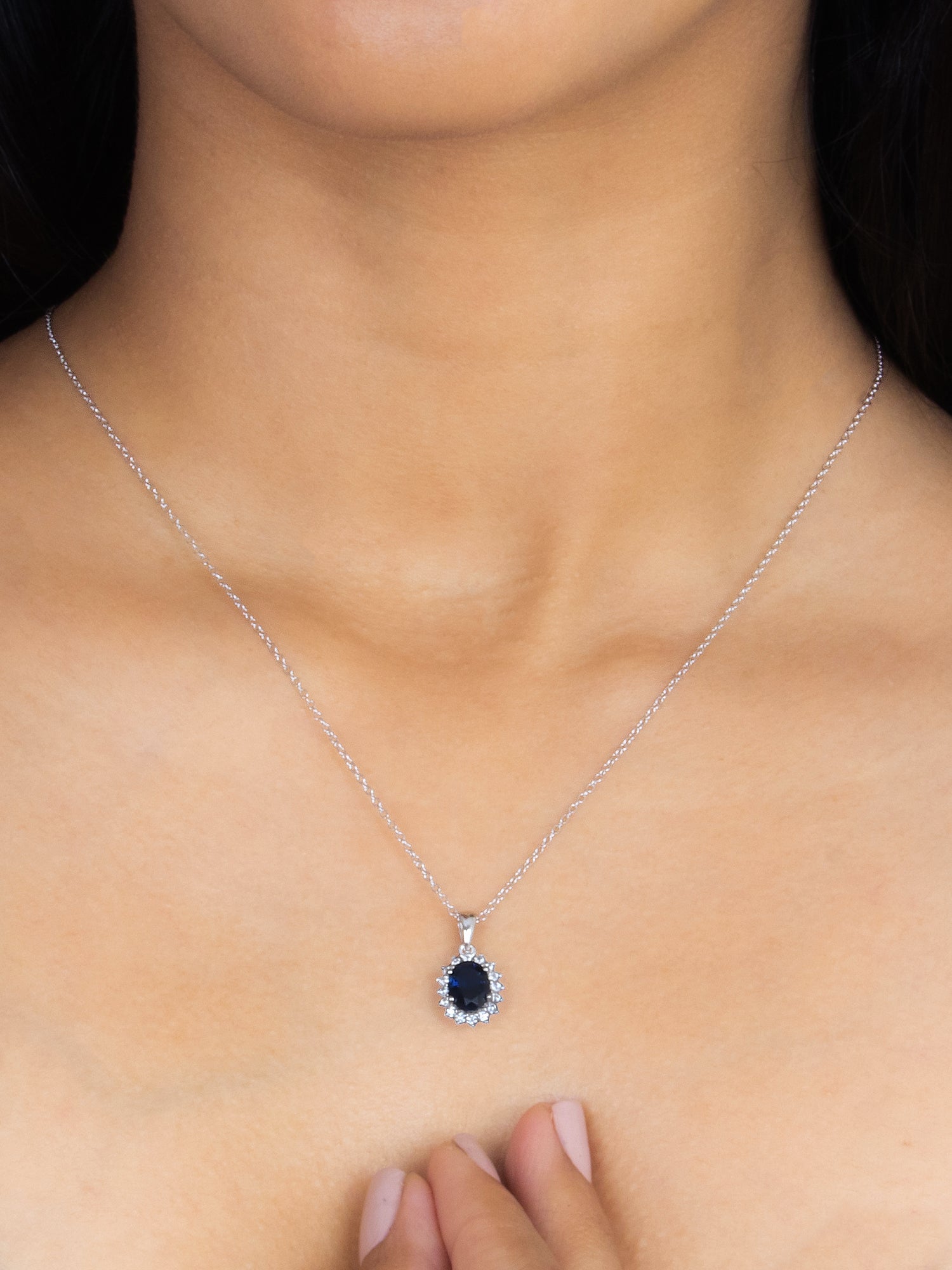 STERLING SILVER BLUE SAPPHIRE HALO SOLITAIRE PENDANT