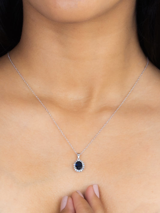 STERLING SILVER BLUE SAPPHIRE HALO SOLITAIRE PENDANT
