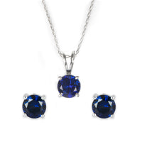 Blue Sapphire CZ Solitaire Necklace with Silver Earrings for Women