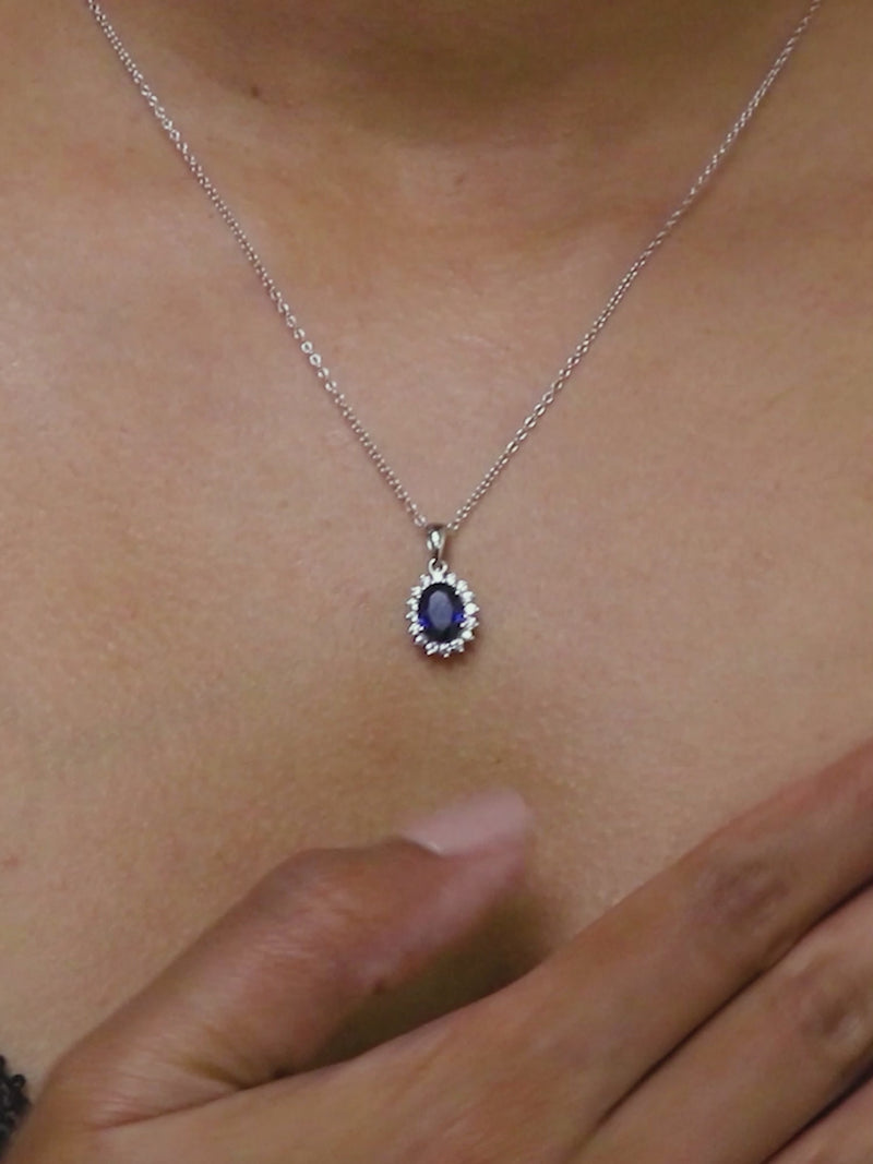 STERLING SILVER BLUE SAPPHIRE HALO SOLITAIRE PENDANT