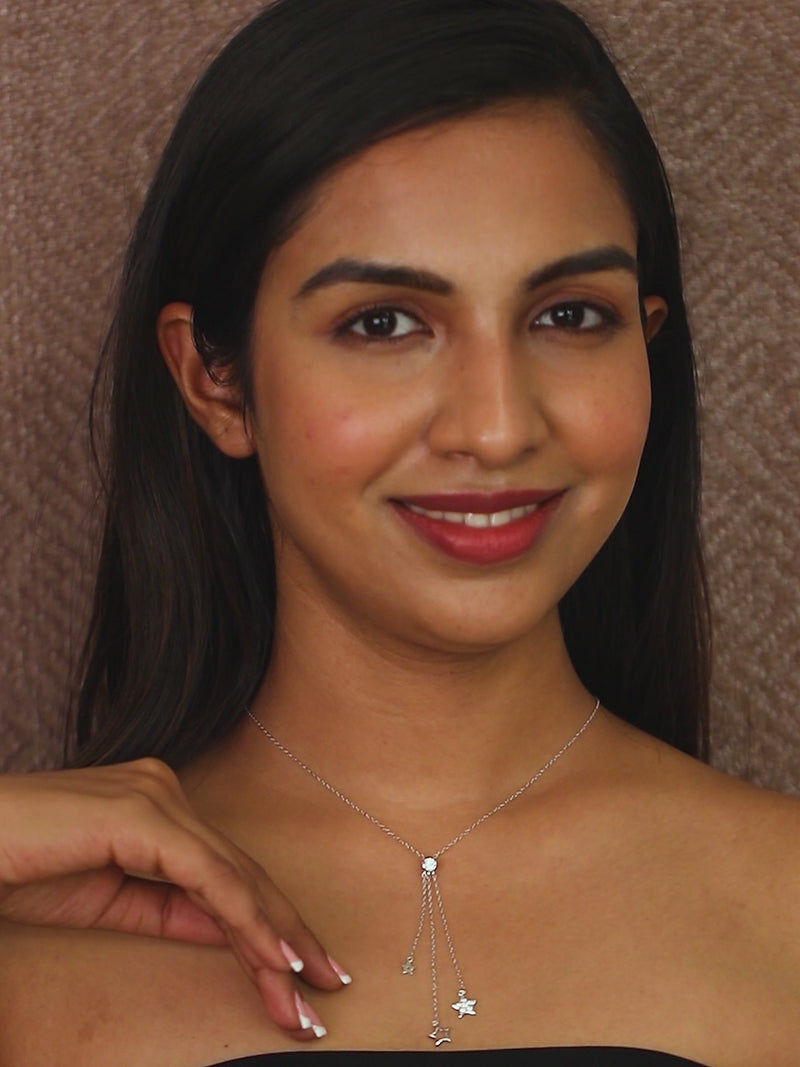 AMERICAN DIAMOND THREE ROW LARIAT NECKLACE IN SILVER